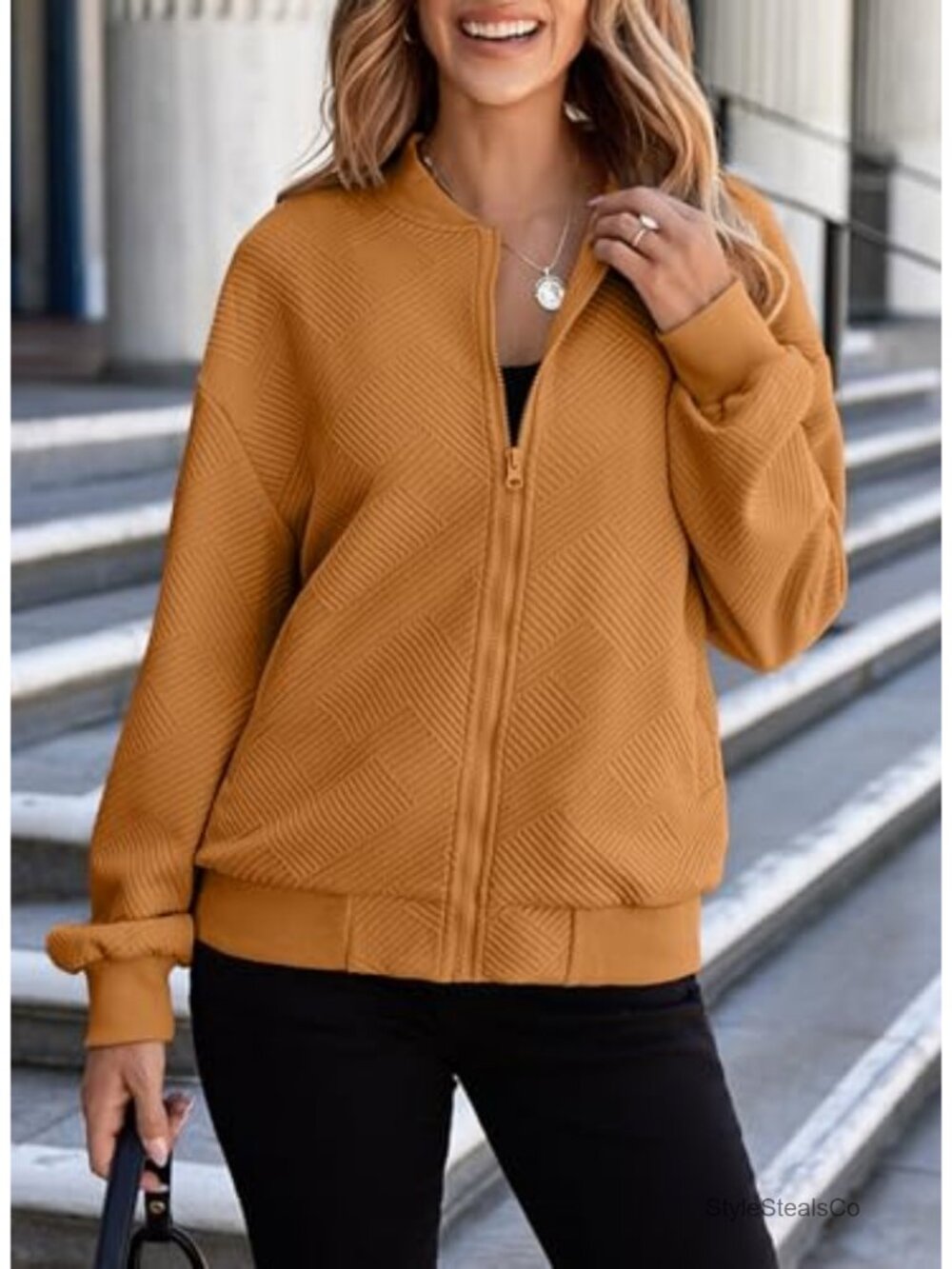Women's Lightweight Bomber Jacket Casual Zip Up Coat with Slant Pockets - Picture 2 of 6